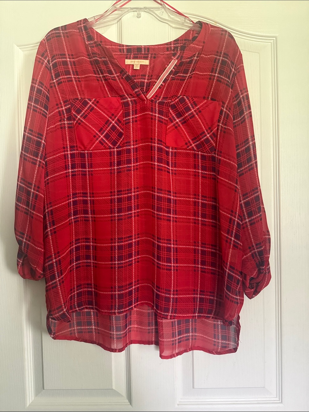 Skies Are Blue Red Plaid Lightweight Women’s Blouse XL